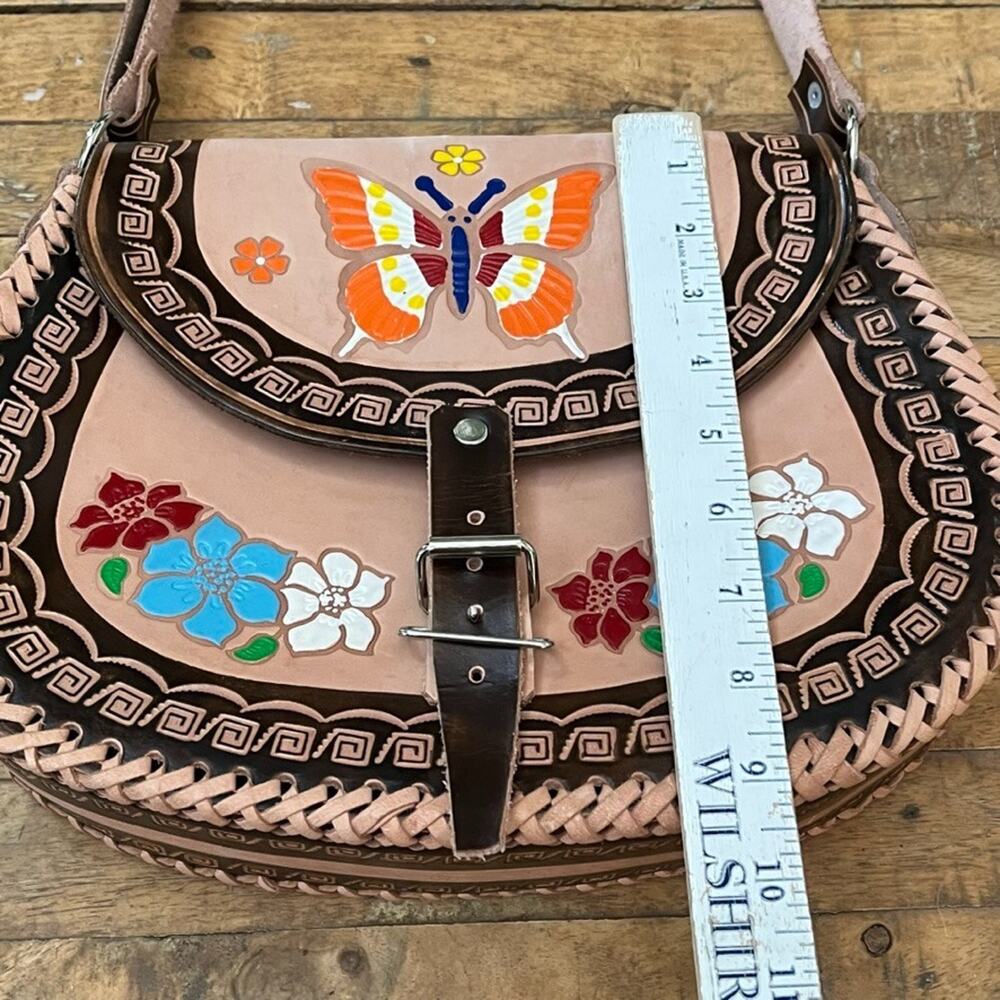 Mexican Hand-Tooled Leather Crossbody Bag Butterfly & Floral Design - Picture 4 of 14